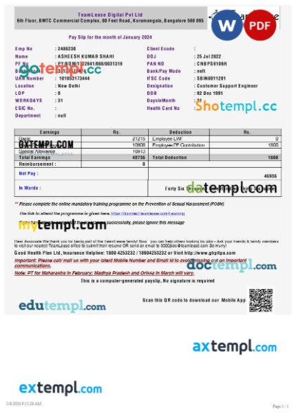 TeamLease Digital payslip template in Word and PDF formats