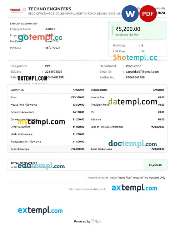 Techno Engineers payslip template in Word and PDF formats