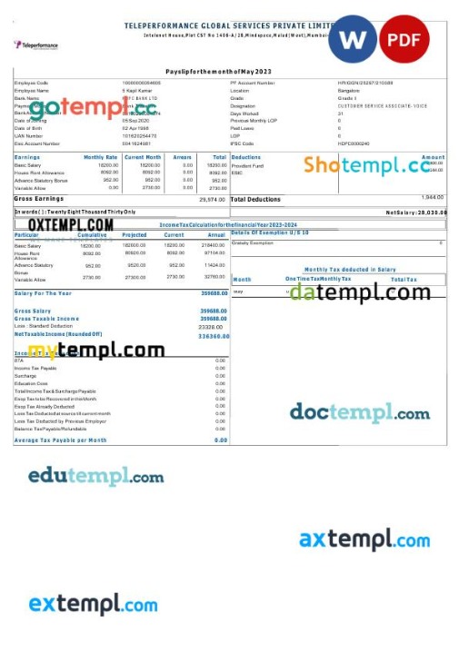 Teleperformance Global Services payslip template in Word and PDF formats