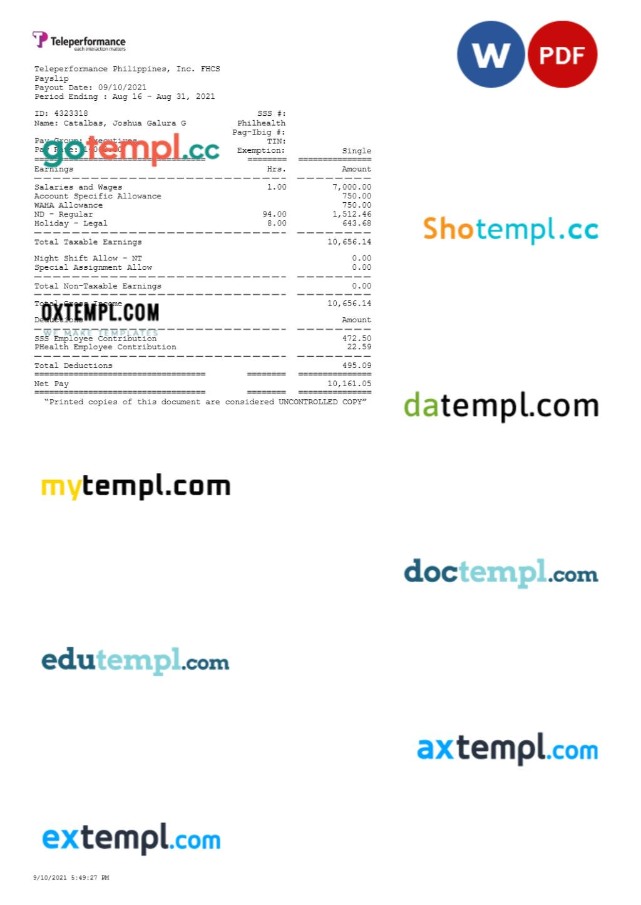 Teleperformance Philippines payslip template in Word and PDF formats