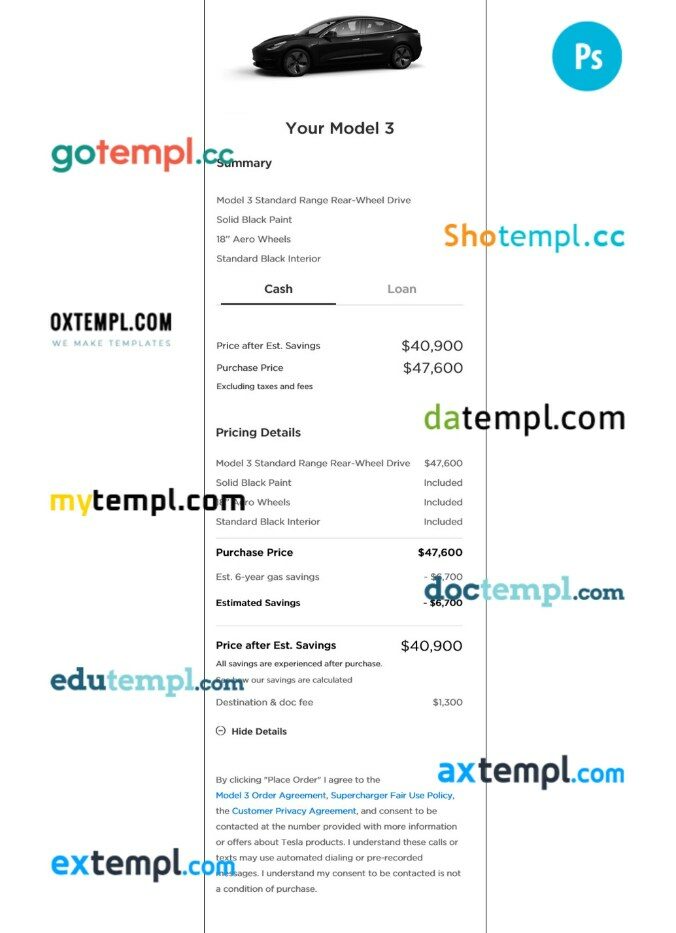 Tesla payment receipt PSD template