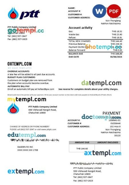 Thailand PTT gas business utility bill template in Word and PDF formats