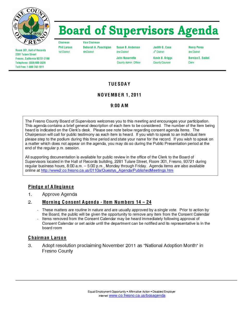 The County of Fresno agenda template in Word and PDF formats