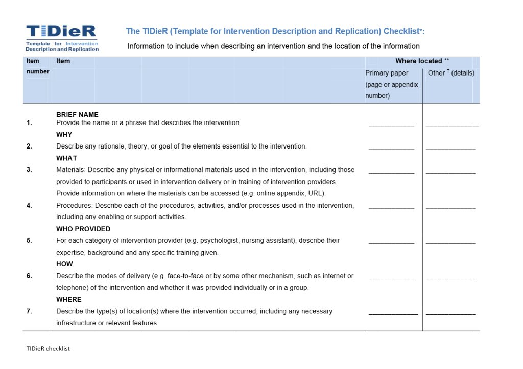 The TIDieR checklist template in Word and PDF formats, 2 pages