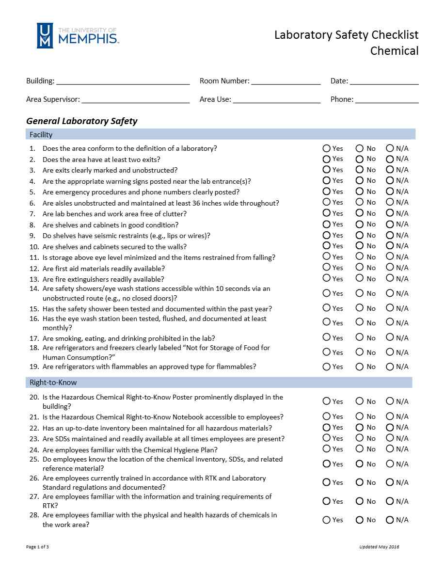 The University of Memphis Chemical Laboratory Safety checklist template in Word and PDF formats, 3 pages