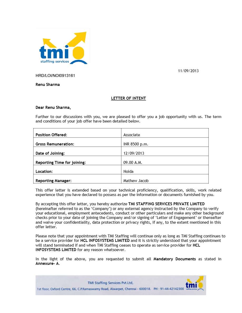 Tmi staffing services Pvt. Ltd. Associate offer letter in Word and Pdf formats