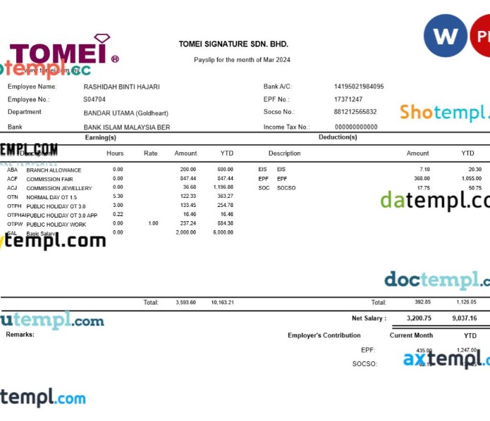 Tomei Signature jewellery payslip template in Word and PDF formats