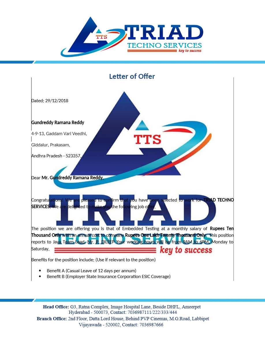 Triad Techno Services Testing offer letter in Word and Pdf formats