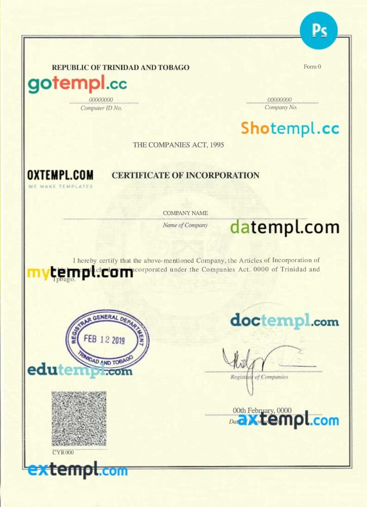 Trinidad and Tobago company registration certificate PSD template