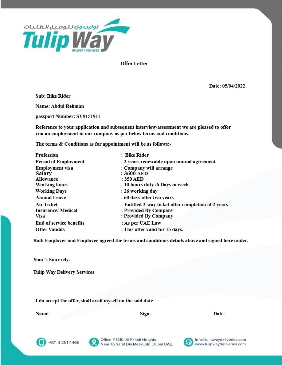 Tulip Way Delivery Services Bike Rider offer letter in Word and Pdf formats