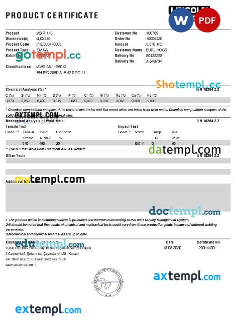 Turkey Lincoln Electric product certificate editable template in Word and PDF formats