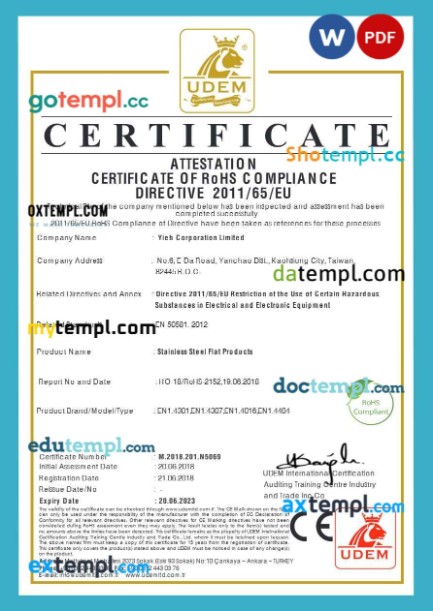 Turkey UDEM International certificate editable template in Word and PDF format