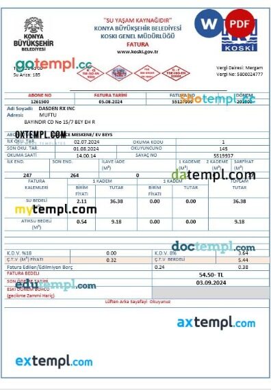 Turkey water business utility bill template in Word and PDF formats