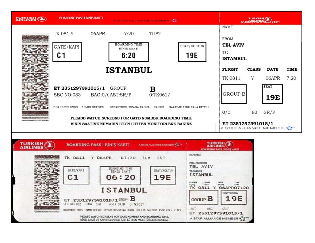 Turkish Airlines boarding pass in Word and PDF formats