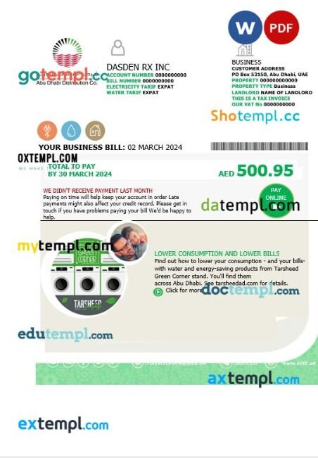UAE Abu Dhabi Distribution Co. business utility bill template in Word and PDF formats