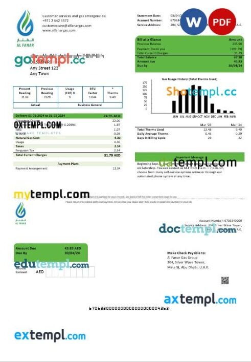 UAE Al Fanar Gas Group business utility bill template in Word and PDF formats