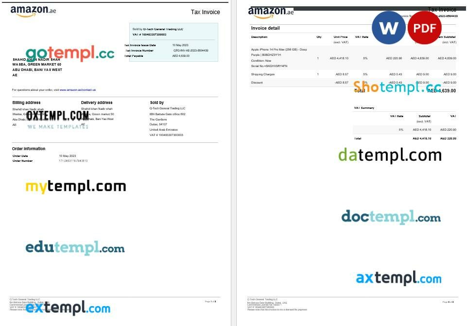 UAE Amazon tax invoice editable template in Word and PDF formats