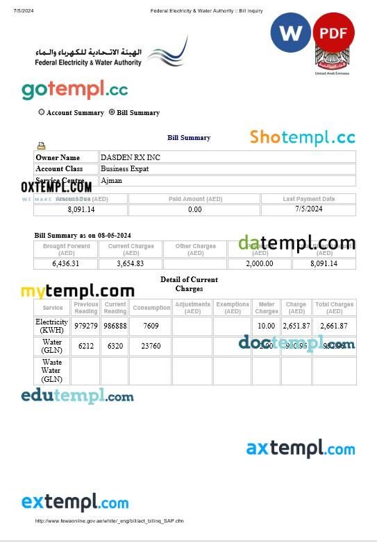 UAE Dubai Federal Electricity & Water Authority electricity, water business utility bill Word and PDF formats