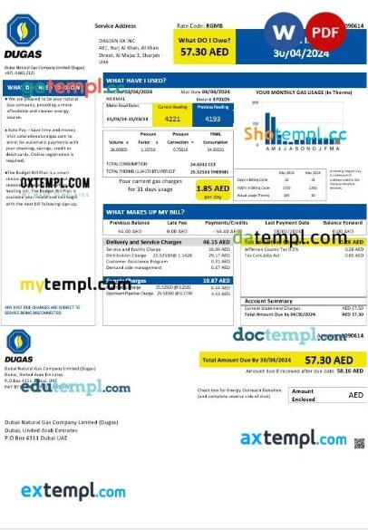 UAE Dubai Natural Gas Company Limited (Dugas) business utility bill template in Word and PDF formats