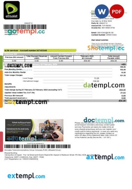 UAE Etisalat business utility bill template in Word and PDF formats