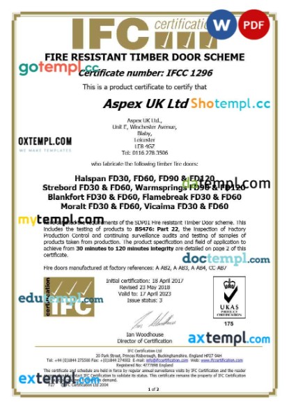 United Kingdom Ltd. Aspex product certificate temlplate in Word and PDF format