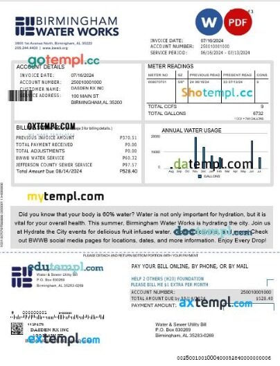 UNITED KINGDOM BIRMINGHAM WATER business utility bill Word and PDF template