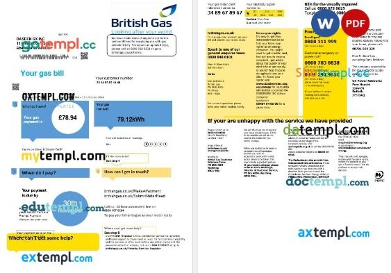 United Kingdom British Gas business utility bill template in Word and PDF formats fully editable (2 pages) version 1