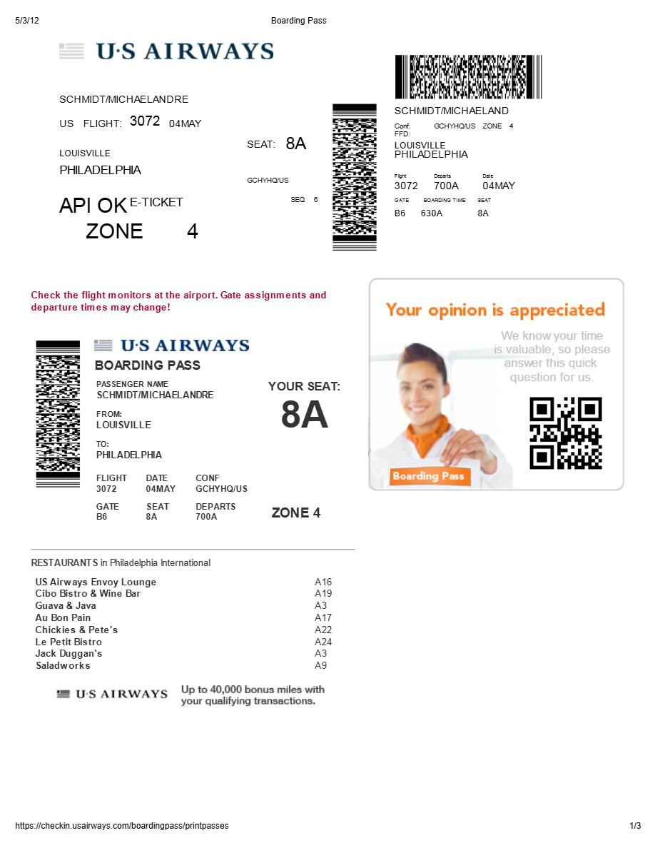 US Airways boarding pass in Word and PDF formats