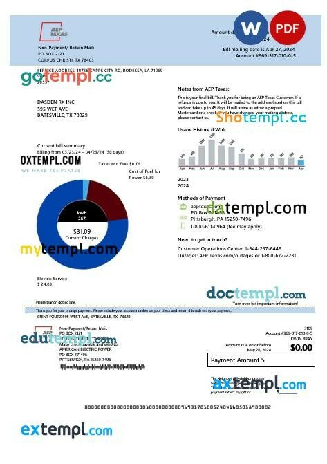 USA AEP Texas electricity business utility bill template in Word and PDF formats