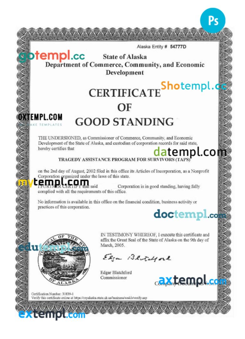 USA Alaska certificate of good standing PSD template