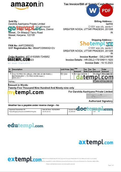 USA Amazon Seller Services tax invoice editable template in Word and PDF formats, version 2