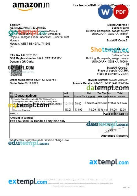 USA Amazon Seller Services tax invoice editable template in Word and PDF formats, version 3