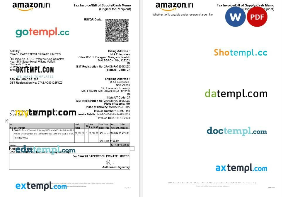 USA Amazon Seller Services tax invoice editable template in Word and PDF formats