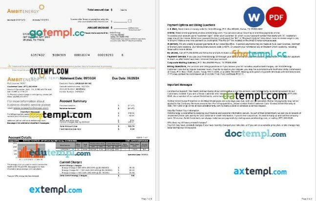 USA Ambit Energy business utility bill Word and PDF template