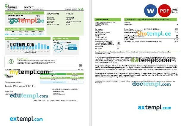 USA Ameren Missouri electricity business utility bill template in Word and PDF formats (2 pages)