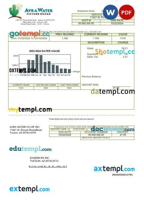 USA Arizona Avra Water business utility bill template in Word and PDF formats