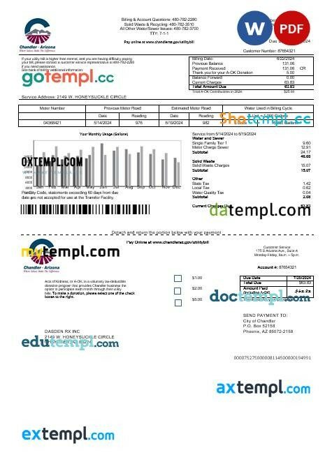 USA Arizona Chandler business utilities bill template in Word and PDF formats