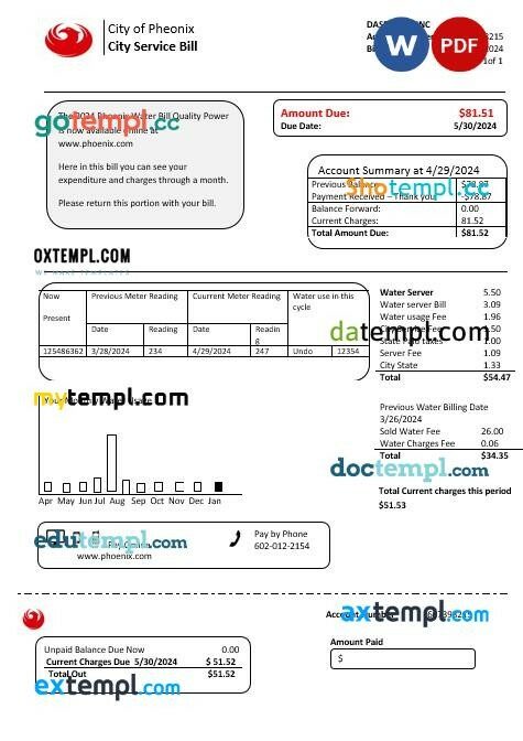 USA Arizona City of Phoenix business utility bill template in Word and PDF formats