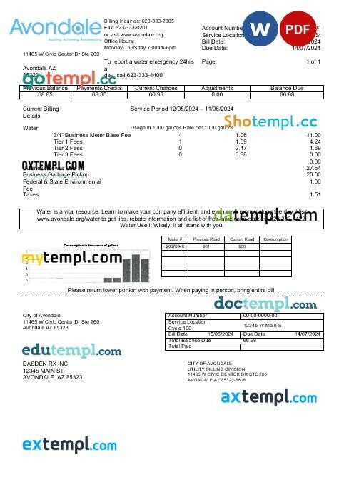 USA Arizona The City of Avondale Water business utility bill template in Word and PDF formats