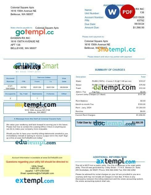 USA Arizona Utility Smart business utility bill template in Word and PDF formats