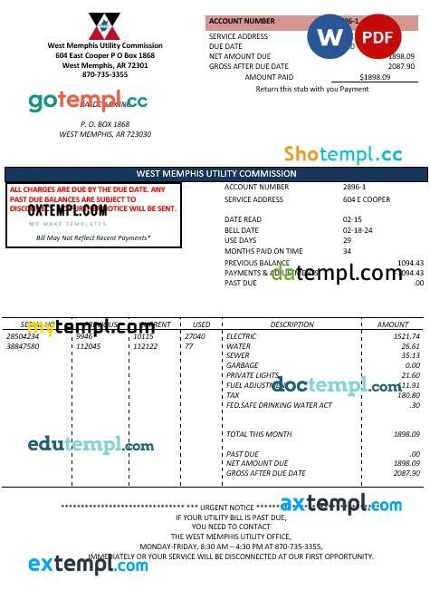 USA Arkansas West Memphis business utility bill template in Word and PDF formats