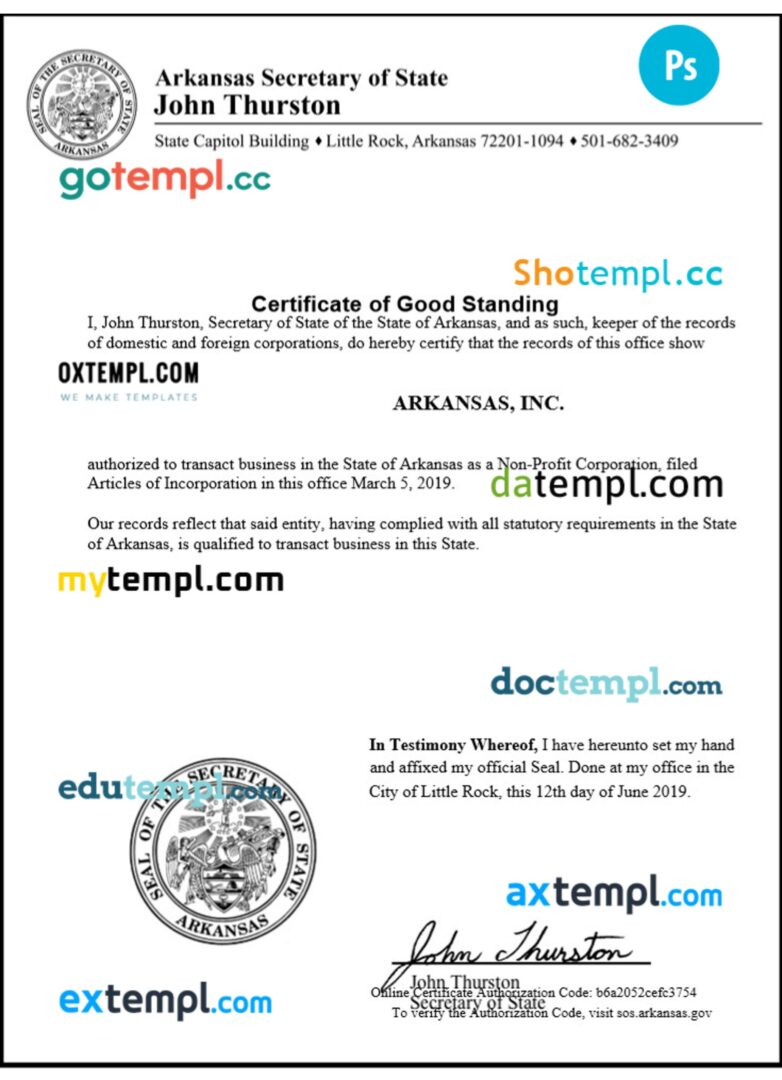 USA Arkansas certificate of good standing PSD template