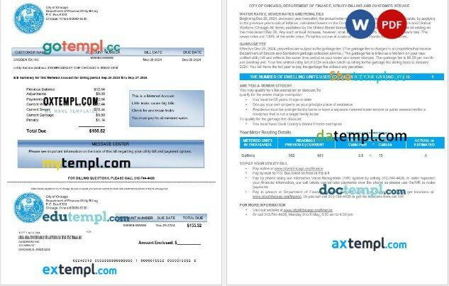 USA CITY OF CHICAGO business utility bill Word and PDF template