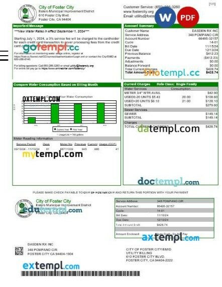 USA CITY OF FOSTER CITY business utility bill Word and PDF template