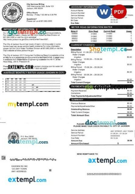 USA CITY OF JACKSON business utility bill Word and PDF template