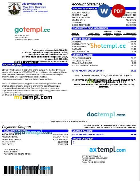 USA CITY OF WAXAHACHIE business utility bill Word and PDF template