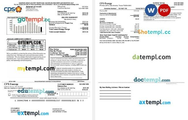 USA CPS ENERGY business utility bill Word and PDF template