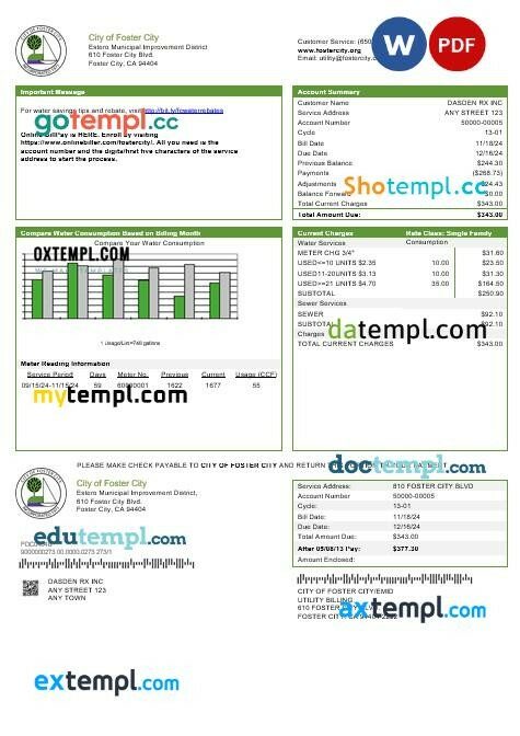 USA California City of Foster City business utility bill template in Word and PDF formats