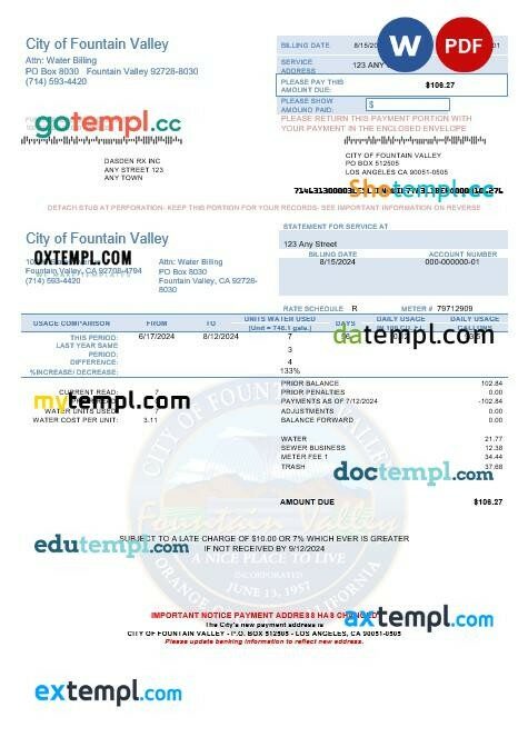 USA California City of Fountain Valley business utility bill template in Word and PDF formats