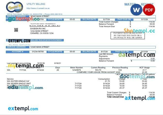 USA California City of Oxnard business utility bill template in Word and PDF formats